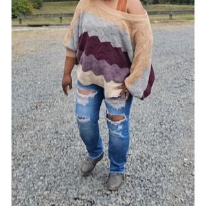 Women's 1X Multi Color Chevron Stripe Crochet Knit Dolman Sleeve Sweater‎ Fall